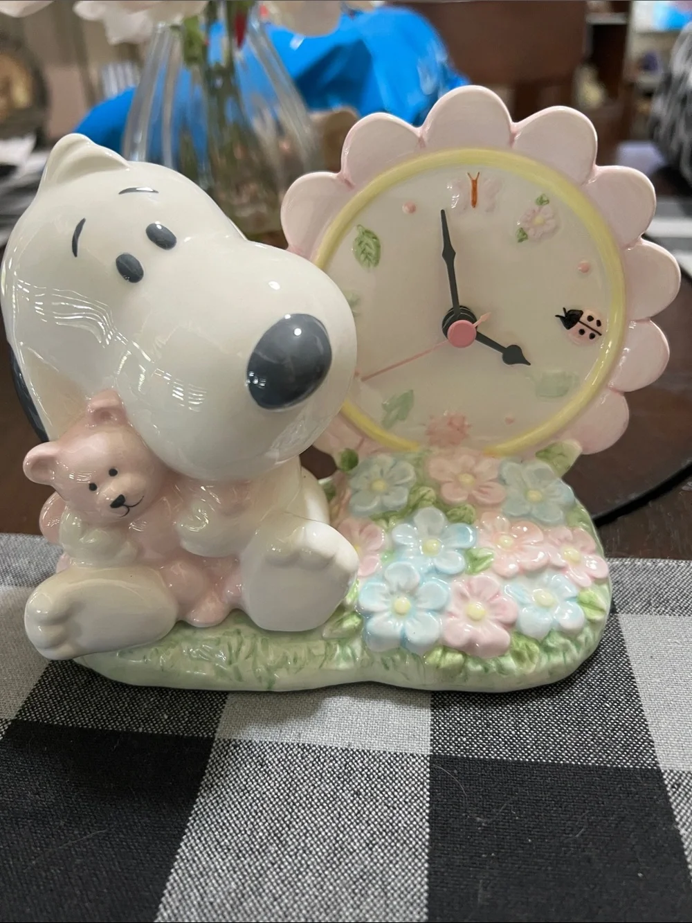 New Hallmark PEANUTS Pastel Pink & Blue Ceramic Bear Flower Clock